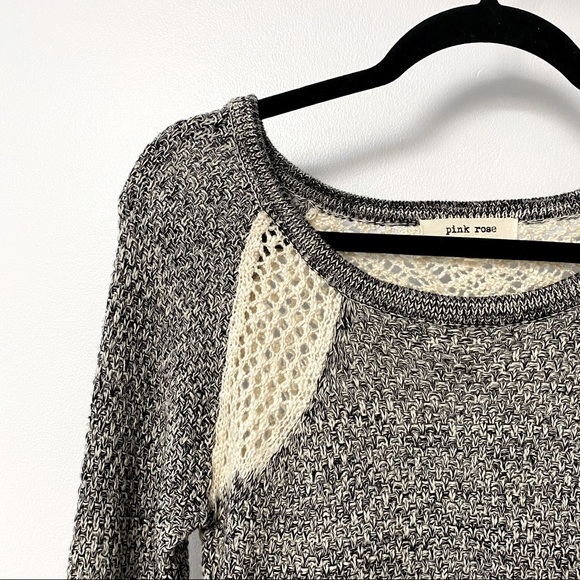 Pink Rose Fall Winter Casual Chic Crocheted Back Cream & Gray Sweater Shirt - Picture 5 of 9